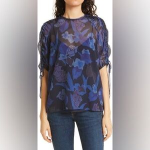 Ted Baker London Nixole Floral Ruched Sleeve Top 5 Navy Blue size 12
